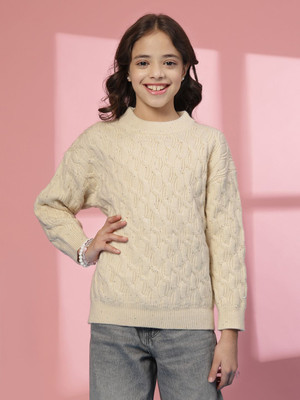 Albion Self Design Round Neck Casual Girls White Sweater