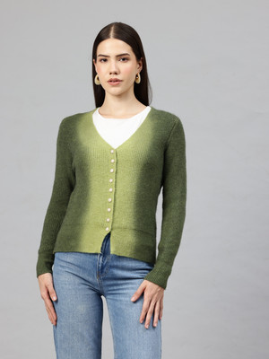 PIERRE CARLO Self Design V Neck Casual Women Green Sweater