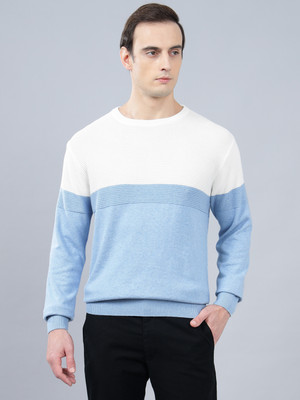 CANTABIL Colorblock Round Neck Casual Men Light Blue Sweater