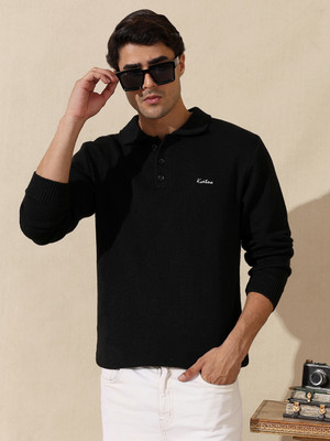 KVETOO Solid Collared Neck Casual Men Black Sweater