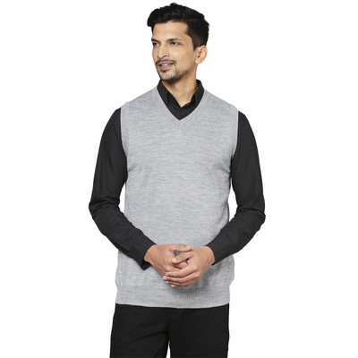 Raymond Solid V Neck Casual Men Grey Sweater