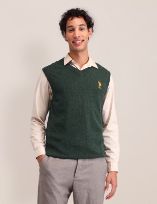 U.S. POLO ASSN. Printed V Neck Casual Men Green Sweater