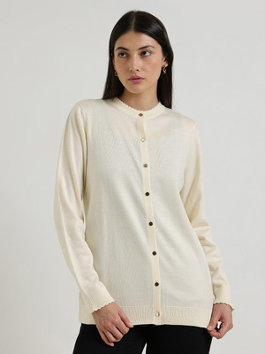 FableStreet Solid Crew Neck Casual Women White Sweater
