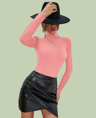 Lecowar Solid High Neck Casual Women Pink Sweater