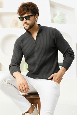 Pivl Striped High Neck Casual Men Grey Sweater