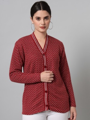 eWools Printed V Neck Casual Women Maroon Sweater