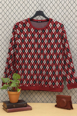 Austivo Self Design, Checkered Turtle Neck Casual Men Maroon Sweater