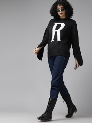 Roadster Printed Round Neck Casual Women Black Sweater