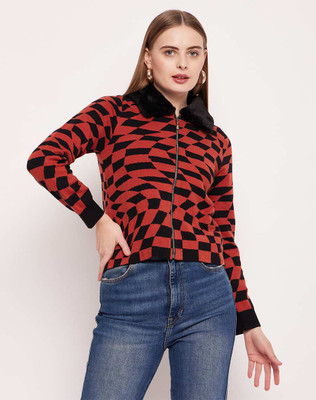 MADAME Printed Collared Neck Casual Women Red Sweater