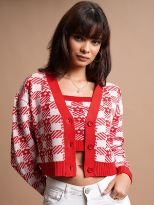 Tokyo Talkies Checkered V Neck Casual Women Red, White Sweater