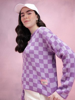 Dressberry Checkered Round Neck Casual Women Purple Sweater