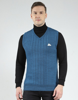 MONTE CARLO Self Design V Neck Casual Men Blue Sweater