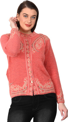 HITTIKA Printed Round Neck Casual Women Pink Sweater