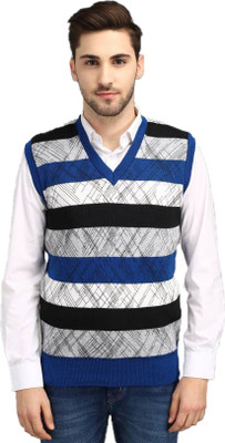 Fit N Fame Striped V Neck Casual Men Light Blue Sweater