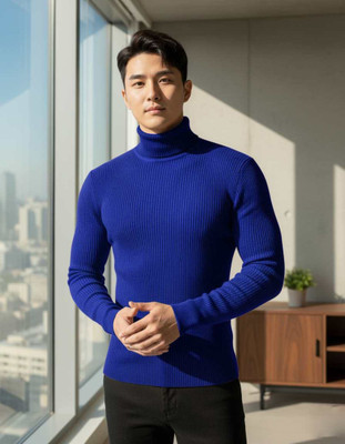 FASHLOOK Solid High Neck Casual Men Blue Sweater