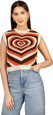 DREAMDIVA Self Design Round Neck Casual Women Orange Sweater