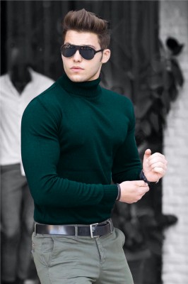 BLACK BLINK Striped Turtle Neck Party Men Dark Green Sweater