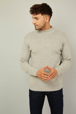 KVETOO Solid High Neck Casual Men Grey Sweater