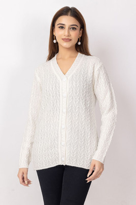 Dodge Self Design V Neck Casual Women White Sweater