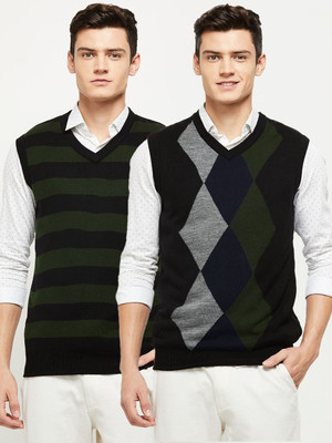 MAX Self Design V Neck Casual Men Reversible Black Sweater