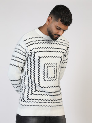 Sijans Printed Round Neck Casual Men White, Black Sweater