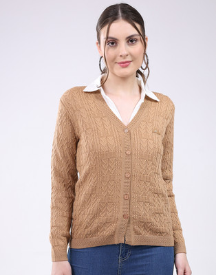 MONTE CARLO Self Design V Neck Casual Women Brown Sweater