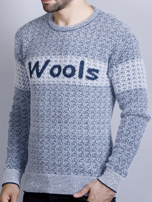 eWools Self Design Round Neck Casual Men Dark Blue Sweater