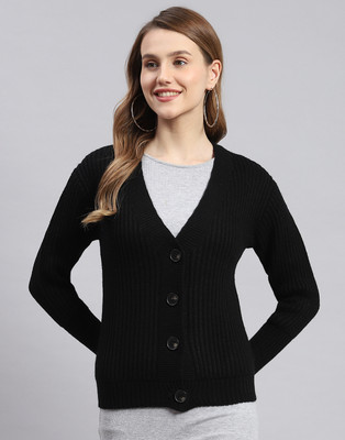 MONTE CARLO Striped V Neck Casual Women Black Sweater