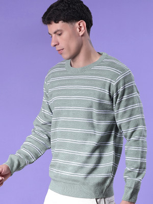 V-MART Striped Round Neck Casual Men Light Green Sweater