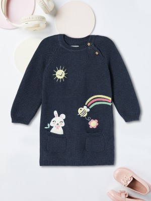 MAX Solid Round Neck Casual Baby Girls Blue Sweater