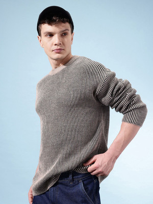 Glitchez Striped Round Neck Casual Men Beige, Grey Sweater