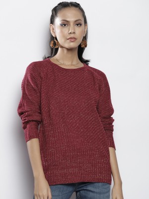 SASSAFRAS Self Design Round Neck Casual Women Maroon Sweater