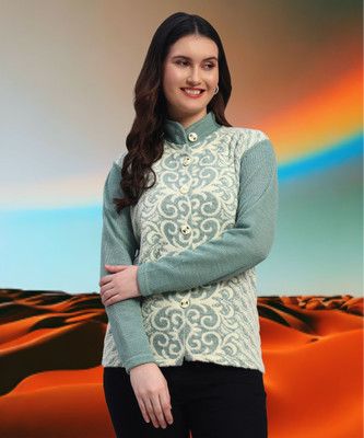 Christy World Self Design High Neck Casual Women Light Green Sweater