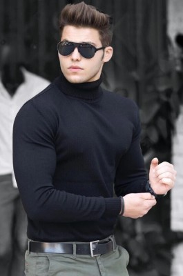 Aaradhana Solid Turtle Neck Casual Men Black Sweater