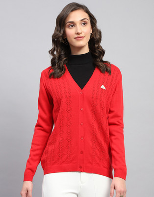MONTE CARLO Self Design V Neck Casual Women Red Sweater