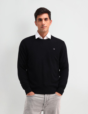 Arrow Sport Solid Crew Neck Casual Men Black Sweater