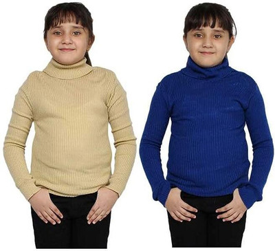 100LUCK Self Design Turtle Neck Casual Girls Multicolor Sweater