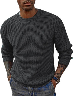 COLORCHAKRA Self Design Round Neck Casual Men Light Blue Sweater