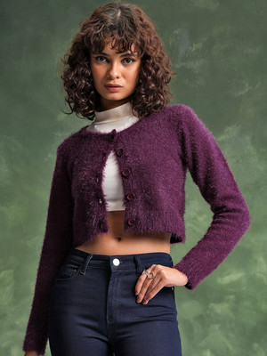 Tokyo Talkies Self Design Round Neck Casual Women Maroon Sweater