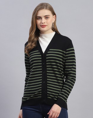 MONTE CARLO Striped V Neck Casual Women Black Sweater