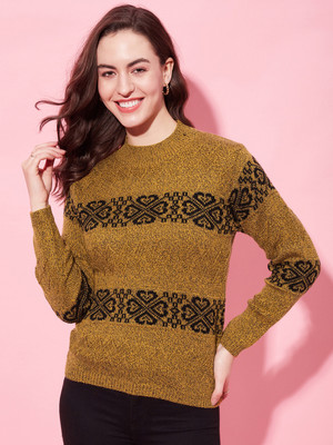 Modeve Self Design Round Neck Casual Women Yellow Sweater