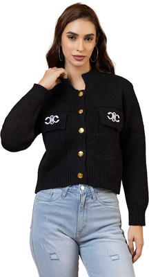 GFO Printed Round Neck Casual Women Black Sweater