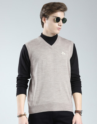 MONTE CARLO Solid V Neck Casual Men Grey Sweater