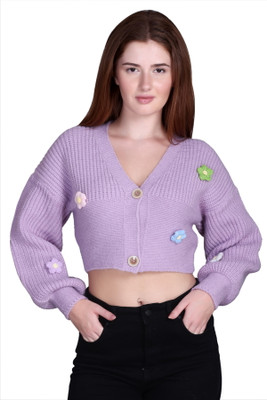 BlessIntimates Solid V Neck Casual Women Purple Sweater
