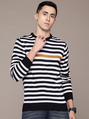 Roadster Striped Round Neck Casual Men Black Sweater