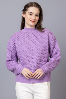 StyleDusk Self Design High Neck Casual Women Purple Sweater