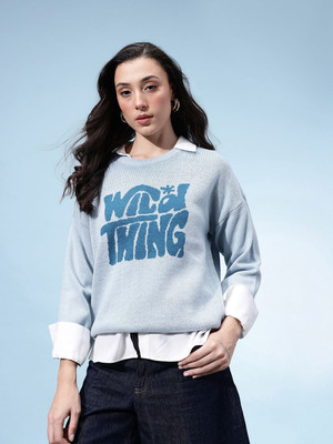Glitchez Printed Round Neck Casual Women Blue Sweater