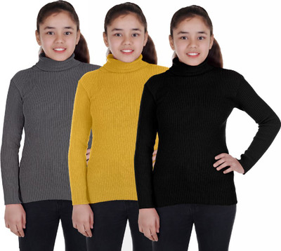 100LUCK Self Design High Neck Casual Boys & Girls Black, Yellow, Grey Sweater