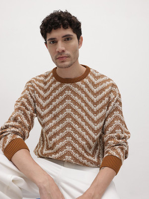 Roadster Self Design Round Neck Casual Men Brown Sweater