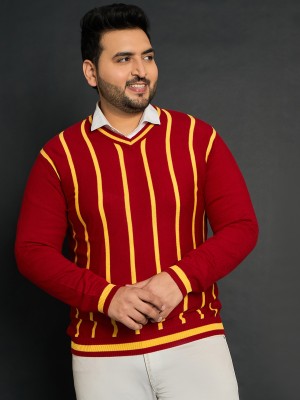 bigbanana Striped V Neck Casual Men Red Sweater